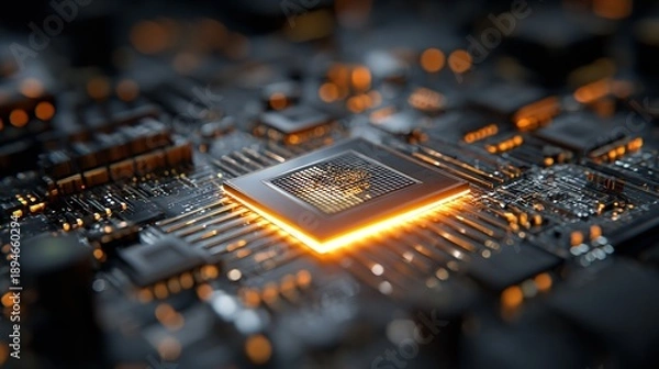 Obraz Artificial Intelligence Chip Glowing on Circuit Board