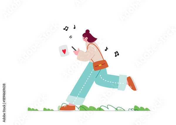 Obraz スマホを見ながらスキップする女性