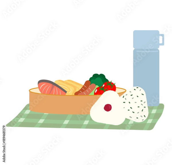 Obraz ランチセット（お弁当・おにぎり・水筒）のイラスト