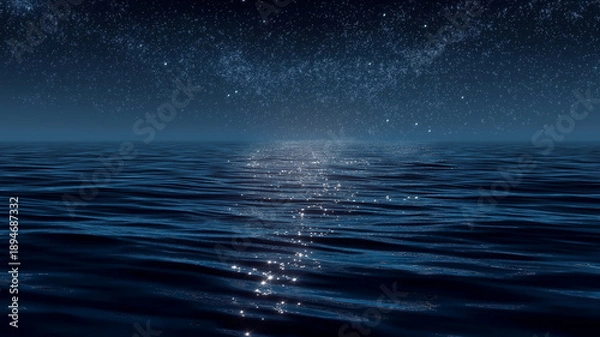 Obraz 星空が水に溶け込んだような神秘的で幻想的な水面の光景を描いたストックフォト素材で、癒しや夢幻的な映像に最適な背景素材