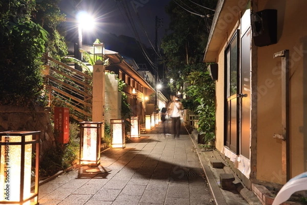 Fototapeta 江ノ島にある神社や歩道がライトアップされた夜景
