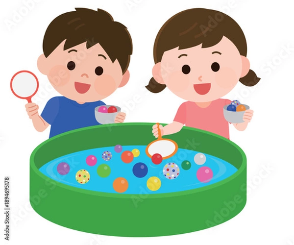 Obraz スーパーボールすくいをする男の子と女の子　イラスト