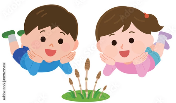 Obraz 寝そべってつくしを見る男の子と女の子　イラスト