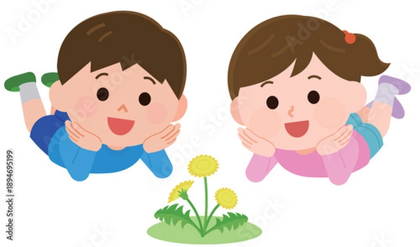 Obraz 寝そべってタンポポを見る男の子と女の子　イラスト