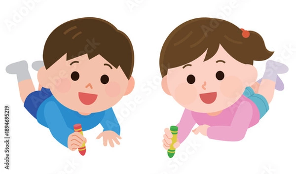 Obraz クレヨンでおえかきする男の子と女の子　イラスト