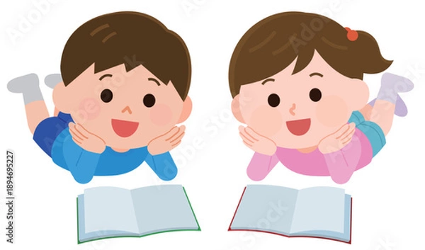 Obraz 寝そべって本を読む男の子と女の子　イラスト