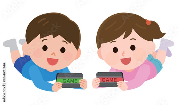 Obraz ゲーム機で遊ぶ男の子と女の子　イラスト