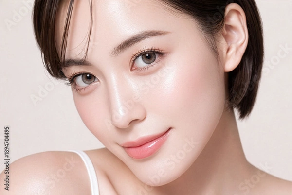 Obraz 透明感のある美しい肌とナチュラルメイクの若い女性のビューティーポートレート、スキンケア、美容、コスメ、イメージ