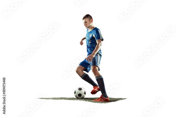 Obraz one caucasian soccer player man isolated on white background