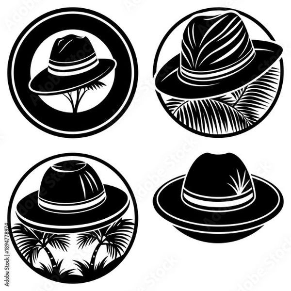 Obraz Four black hat illustrations with different designs in circular frames showcasing various hat styles and tropical elements