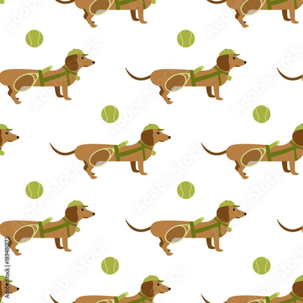 Fototapeta cartoon dachshund with tennis ball and racket vector seamless pattern