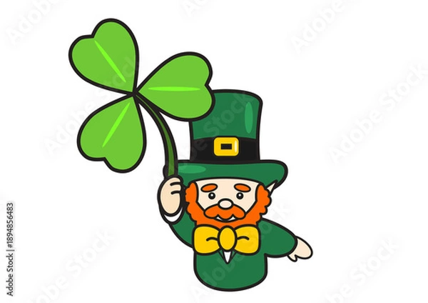 Fototapeta 大きなクローバーを持つ可愛いレプラカーンのイラスト 上半身（セントパトリックスデー）
