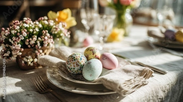 Obraz easter, table setting with eggs, flowers and linen napkins