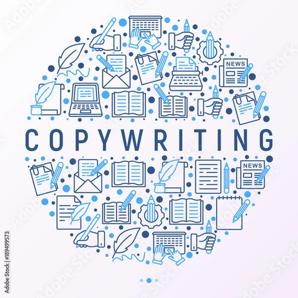 Fototapeta Copywriting concept in circle with thin line icons: letter, e-mail, book, blogging, hand with pen, feather, typewriter, article, seo. Modern vector illustration for web page template, banner.