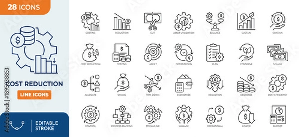 Obraz Cost Reduction line editable icon set. Editable stroke. Vector illustration