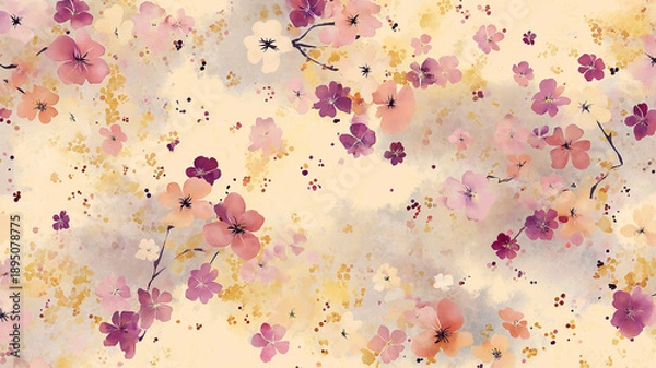 Obraz 花をモチーフにした抽象的なパターンイラストが並ぶ背景素材、ナチュラルなインテリア・ファブリック・包装デザインに最適な背景