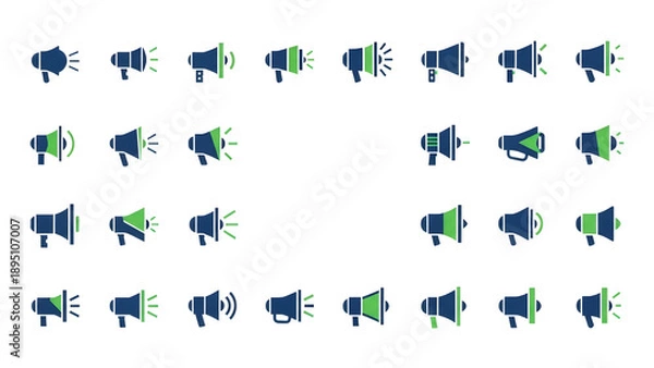 Obraz メガホンのビジネスロゴ30案セット。広報・宣伝・情報発信を象徴する青と緑のミニマルなシンボル。誠実で知的なデザイン、IT・広告分野に。