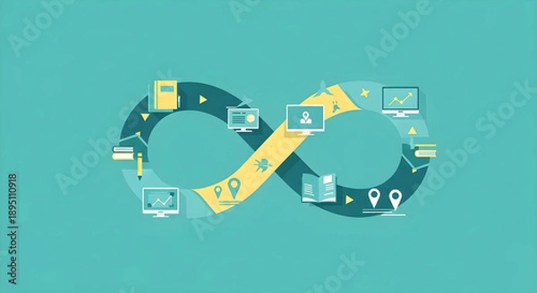 Obraz 生涯学習と継続的な知識習得を象徴するインフィニティループのイラスト。キャリア形成と学びの循環。