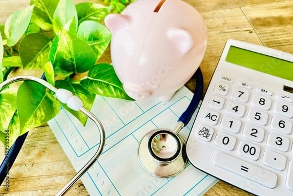Fototapeta 白色の電卓と通帳とブタの貯金箱