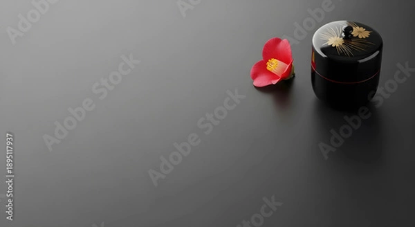 Obraz 茶道具の棗と花びらのシックな和風背景。消炭色の背景に右上の格式高い装飾。高級旅館やブランド向けのデザイン余白。