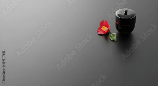 Obraz 茶道具の棗と花びらのシックな和風背景。消炭色の背景に右上の格式高い装飾。高級旅館やブランド向けのデザイン余白。