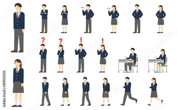 Obraz フラットイラスト：高校生セット(夏服)