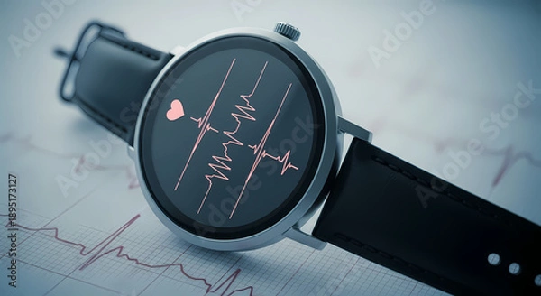 Obraz スマートウォッチ上の心拍数波形 鮮やかなピンク色で健康状態を示す