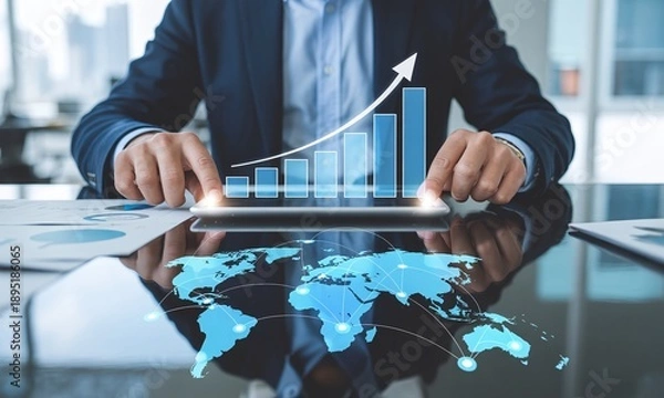 Obraz Businessman Analyzing Growth Data with Digital Graph and World Map