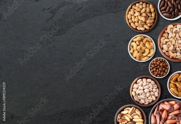 Obraz Assorted nuts over stone background with copy space