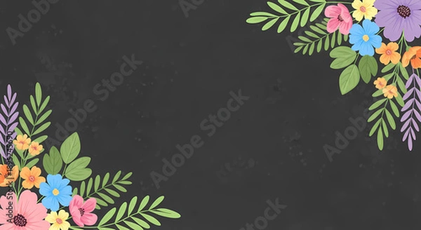 Obraz 明るい花の飾り縁取りが黒背景に優雅に咲くイラスト
