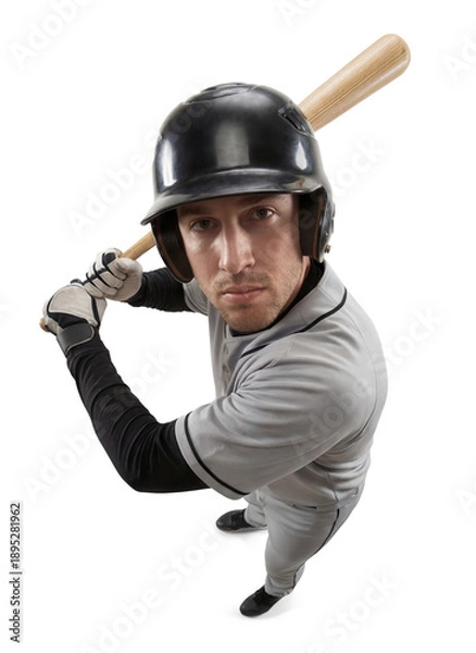 Obraz Baseball athlete pose with a bat from high angle exaggerated perspective view