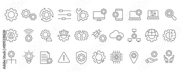 Obraz Settings, Setup and Gear Line Icon Set: Technical Support, Engineering, Cloud Processing, and System Optimization Vector Symbols. Editable Stroke