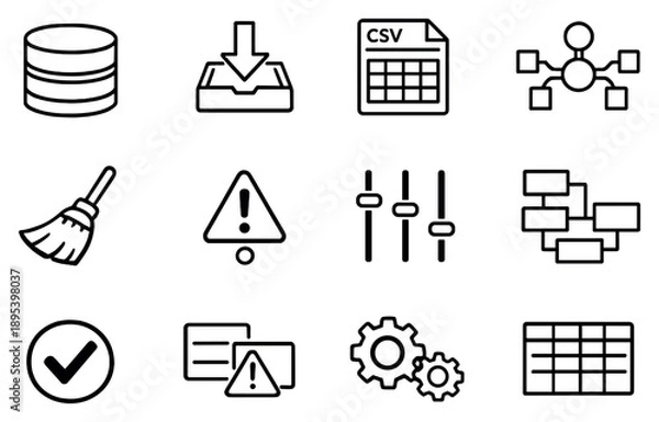 Obraz Data Collection and Preparation in outline style: data source database, import arrow, CSV file, API connector, data cleaning broom, missing value alert. Vector icons