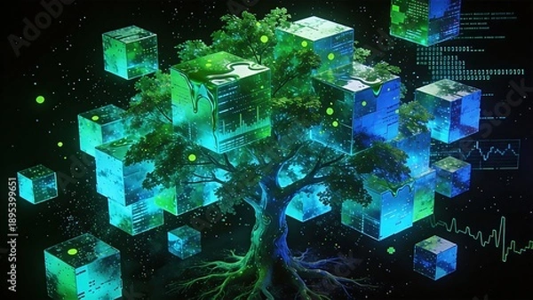Fototapeta Futuristic Digital Tree with Glowing Cubes and Tech Elements