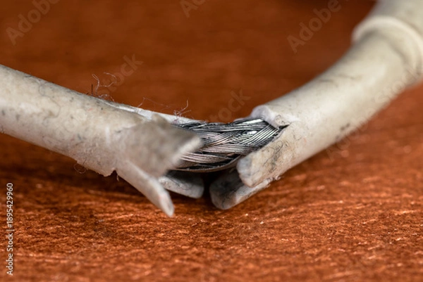 Fototapeta Damaged charging cable with white torn insulation