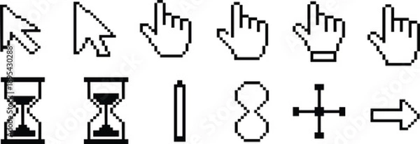 Obraz Pixel cursor icon set, retro mouse pointer symbols, classic computer interface bitmap vector illustration