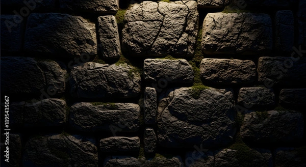 Obraz Dark stone wall texture, gritty surface feel, soft highlights, realistic material depth