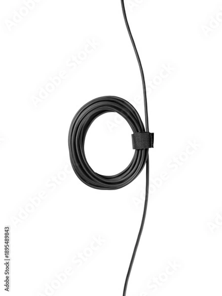Obraz Coiled black USB cable with hook-and-loop tie is isolated.