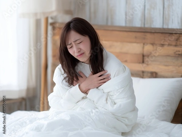 Obraz 胸の痛みで布団に座り込み体調不良に苦しむ女性の自宅療養シーン