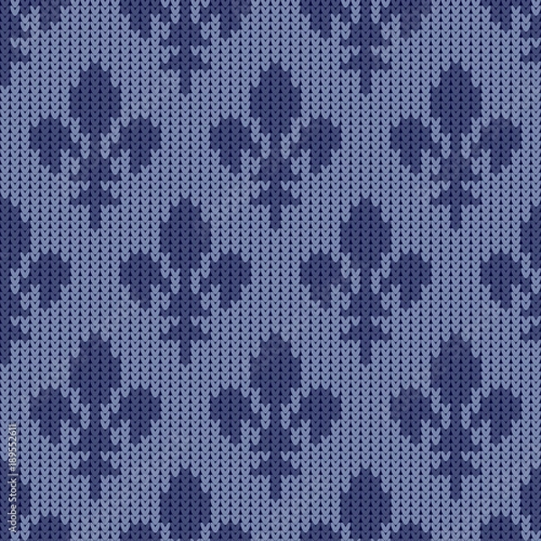 Fototapeta Heraldic lily on a seamless vector woolen pattern. Knitted woolen pattern with bourbon lilies. Lily of French House of Bourbon on a vintage blue background