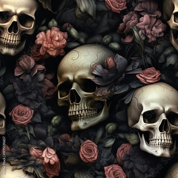 Fototapeta skull seamless pattern, skull pattern, skull background, gothic skull pattern, skull digital paper, skull repeat pattern, skull texture, skull wallpaper