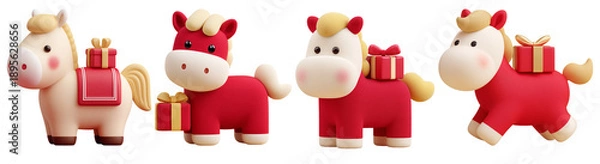 Fototapeta 2026 병오년 새해맞이 귀여운 3d 붉은 말 캐릭터와 선물 세트	
