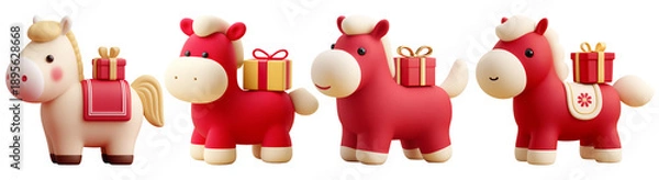 Fototapeta 2026 병오년 새해맞이 귀여운 3d 붉은 말 캐릭터와 선물 세트		
