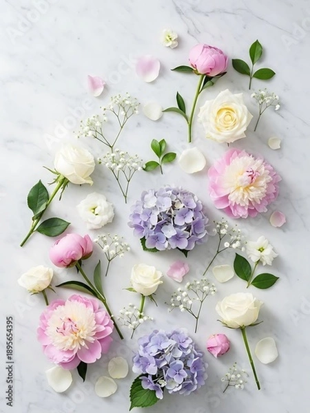 Obraz Floral Composition Featuring Peonies, Roses, Hydrangeas on Marble Surface