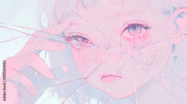 Obraz 淡い色彩のひび割れたこちらを見る少女の顔のイラスト
