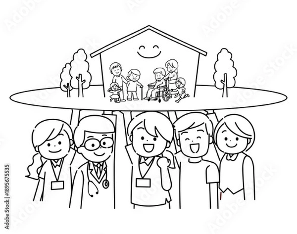 Obraz 地域で暮らす家族を支える在宅医療チームの人々　線画