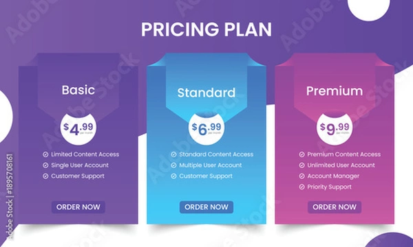 Obraz Modern Multicolored Price Table Infographic Template. Vector Three Pricing Table Plan Options Layout.