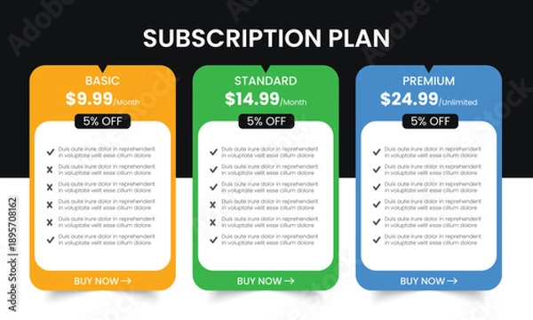 Obraz Modern Multicolored Price Table Infographic Template. Vector Three Pricing Table Plan Options Layout.