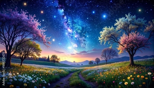 Obraz 綺麗な夜桜と沢山の花と星空