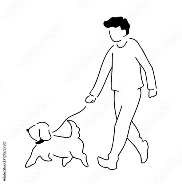 Obraz 犬と散歩中の男性の線画イラスト